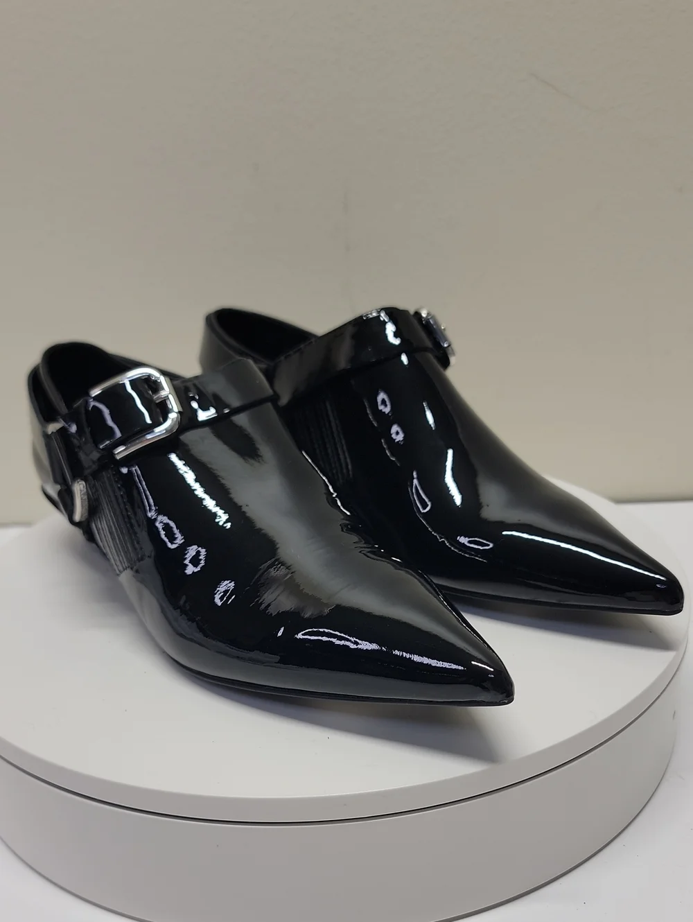 Calvin Klein Black Patent Pointed Toe Strap Shoe Shiny New W/out Box